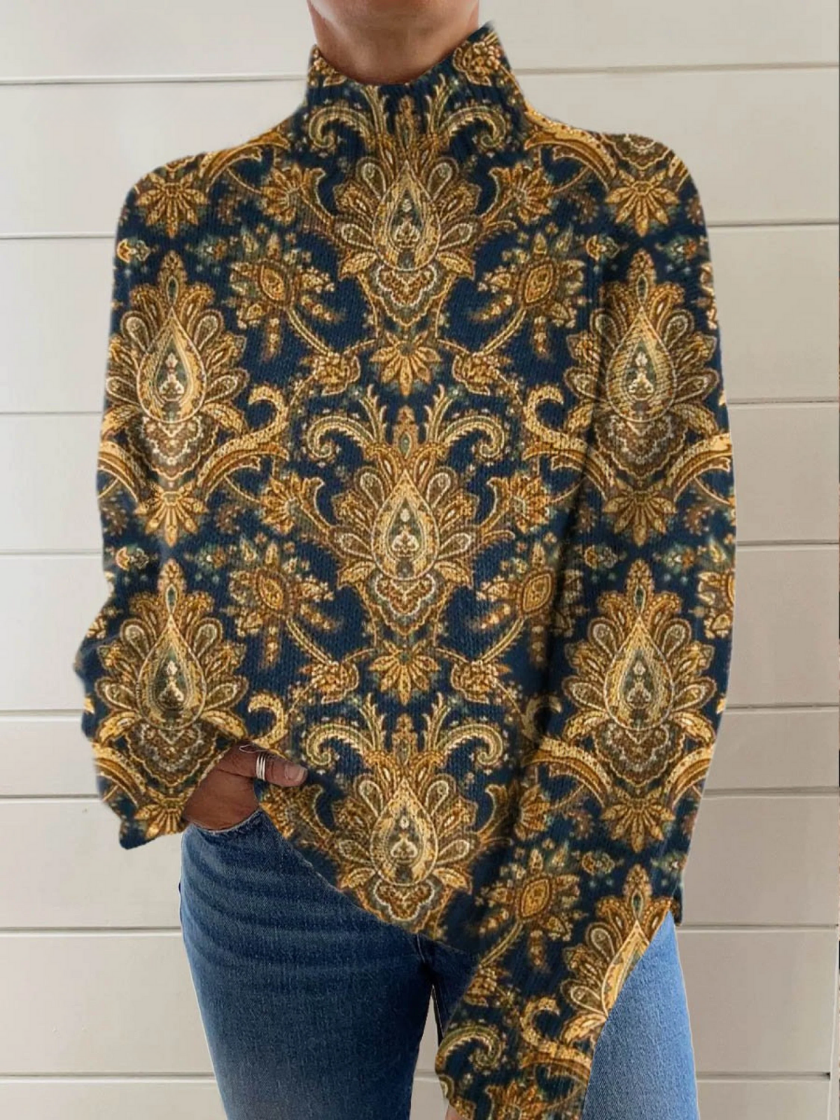 Women’s Vintage Floral Print Turtleneck Top