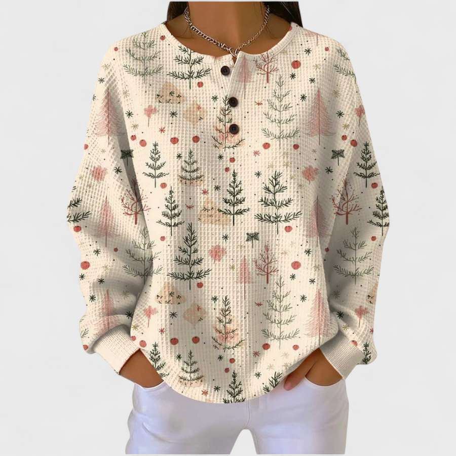 Women’s Christmas Tree Print Waffle Knit Pullover Sweater
