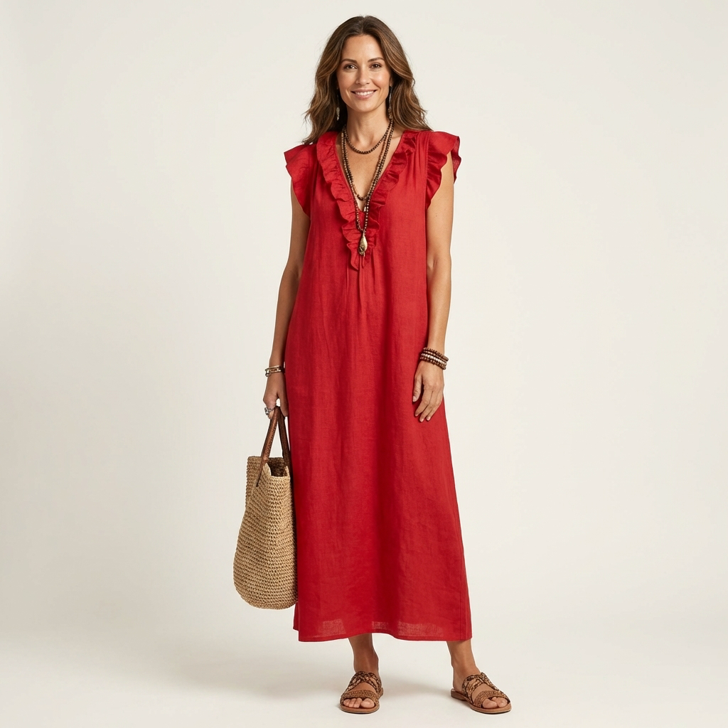 Amina Ruffle V-Neck Linen Maxi Dress