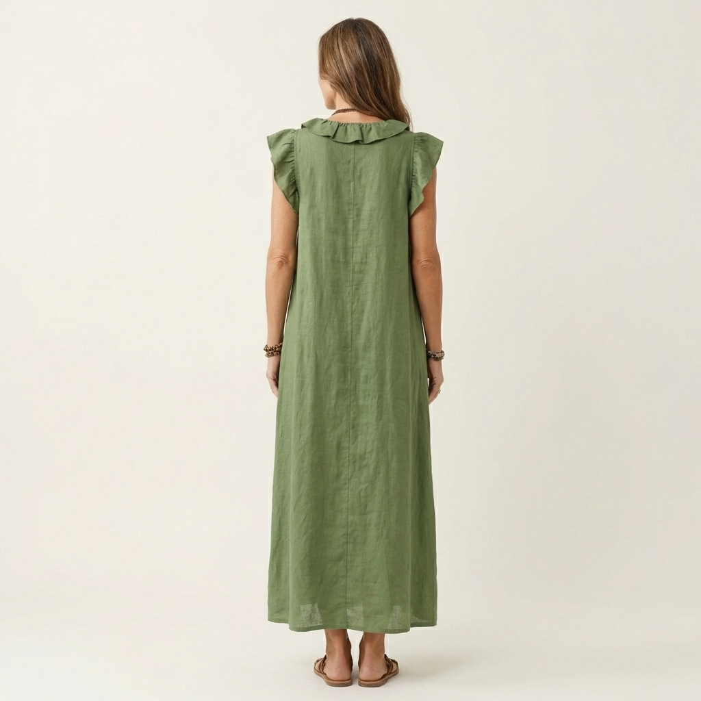 Amina Ruffle V-Neck Linen Maxi Dress