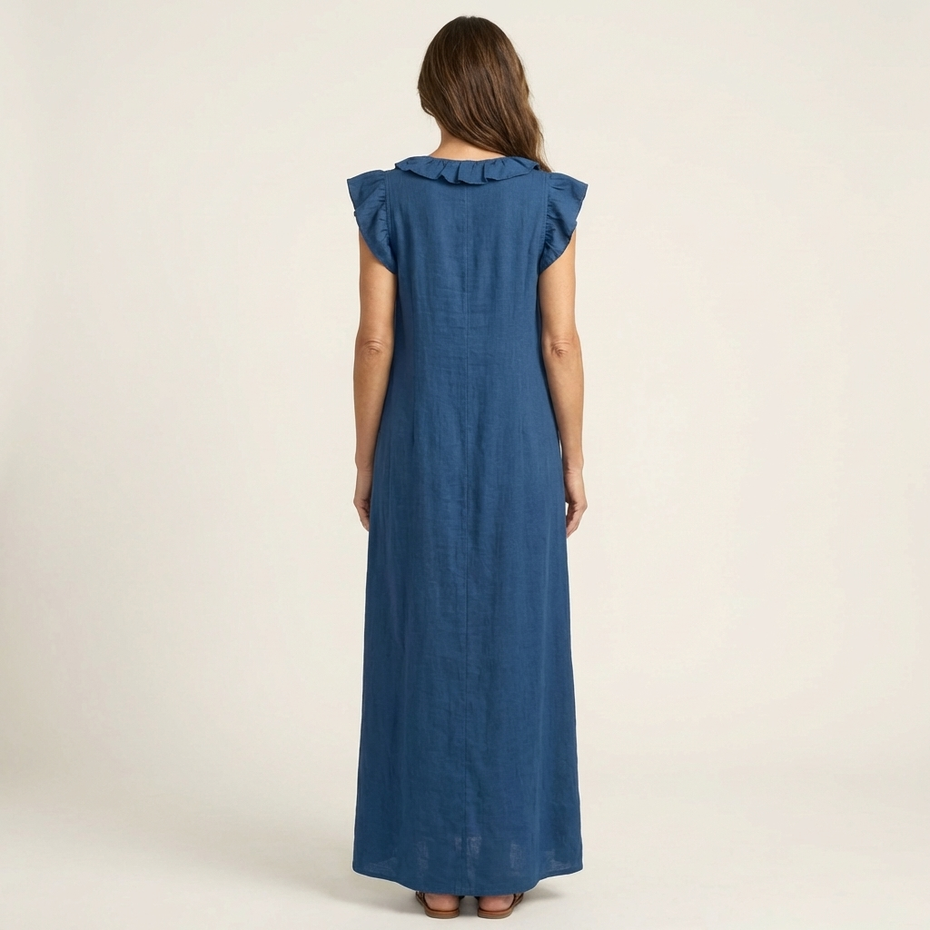 Amina Ruffle V-Neck Linen Maxi Dress
