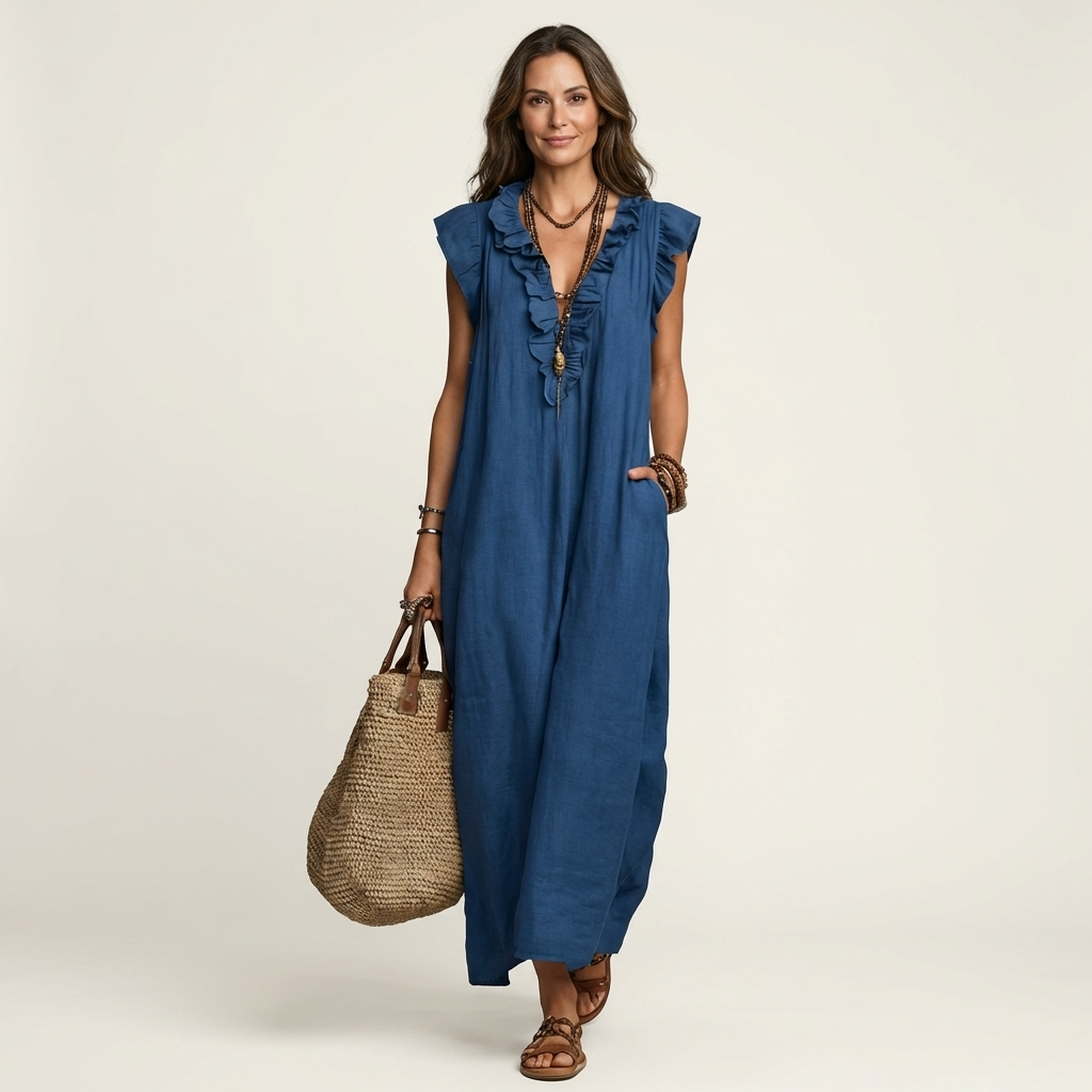Amina Ruffle V-Neck Linen Maxi Dress