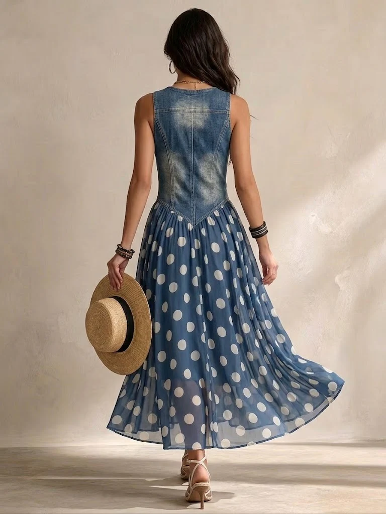 Soraya Denim & Chiffon Midi Dress