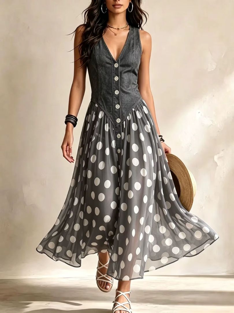 Soraya Denim & Chiffon Midi Dress