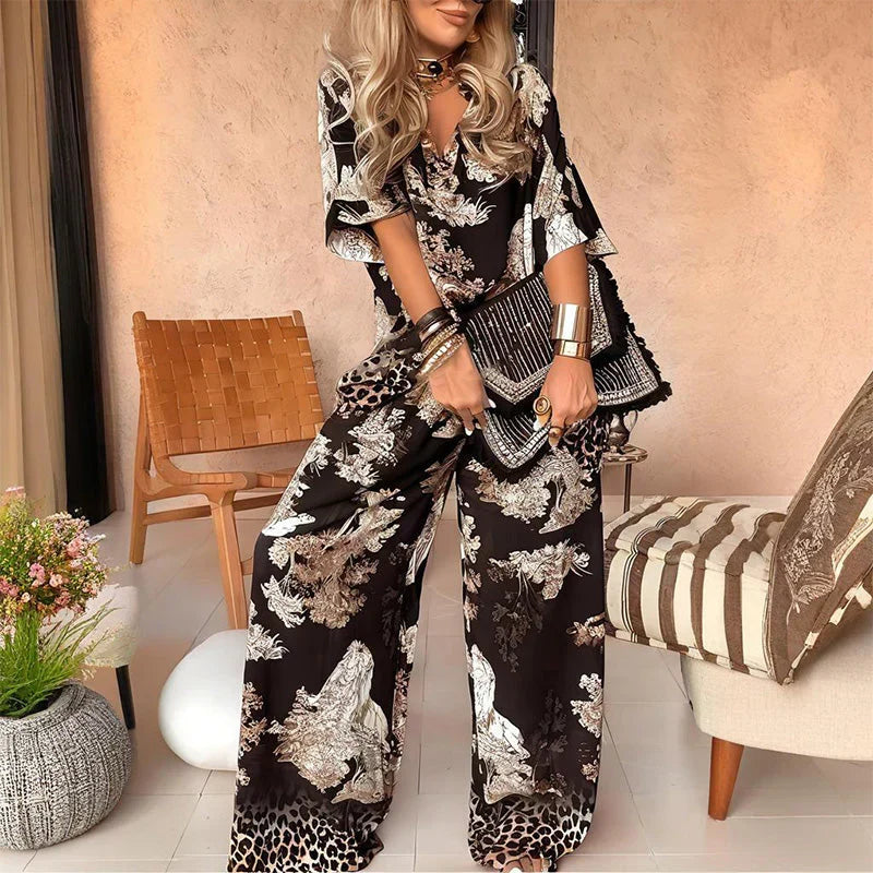 Tasha Printed V-Neck Top & Long Pants Set